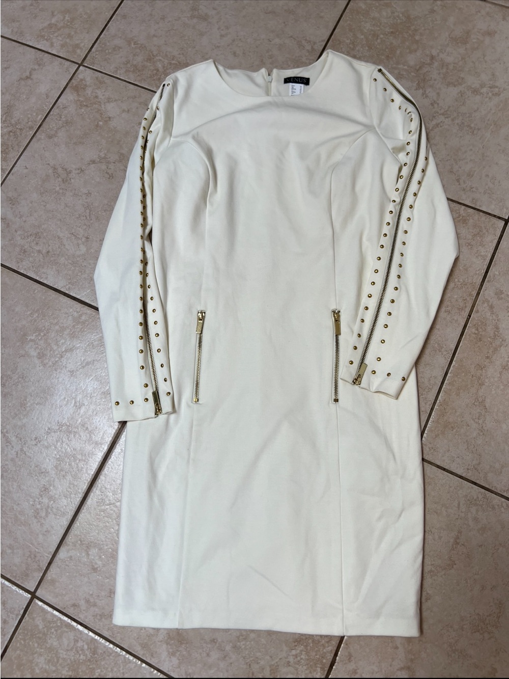 VENUS Ivory Long-Sleeve Sheath Dress with Gold Stud Detail